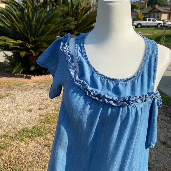 BLUE DENIM MIDI DRESS  LC LAUREN CONRAD SHIFT XS OFF SHOULDER faux DENIM… - Picture 3 of 11